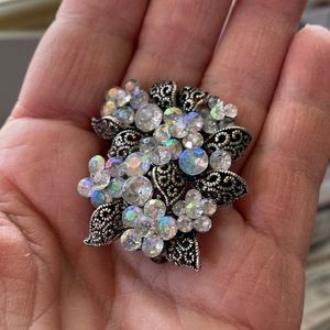 Vintage Pewter Floral Brooch with Rhinestones